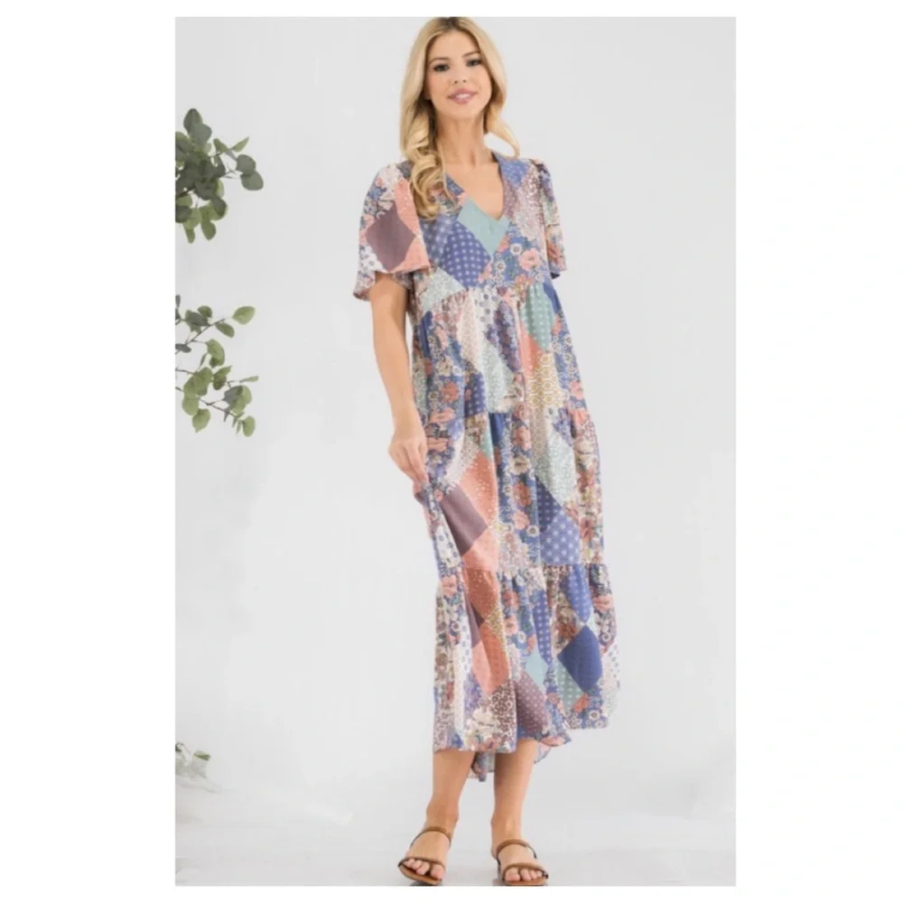 🆑Cute patchwork V neck dress - Picture 3 of 10